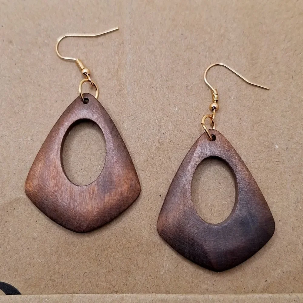 Wood hollowed out earrings diamond shape Geometric design boho jewelry